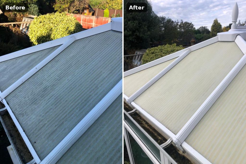 Conservatory roof cleaning before and after in Lawford
