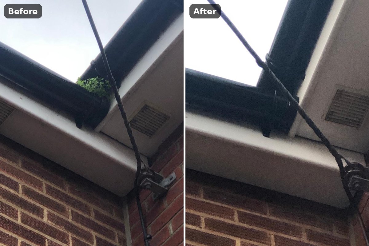 Gutter clearing before and after: moss and weeds in a gutter corner under a white soffit, then cleared