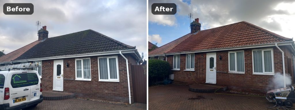 Roof cleaning before and after, moss removed from bungalow roof in Walton-on-the-Naze