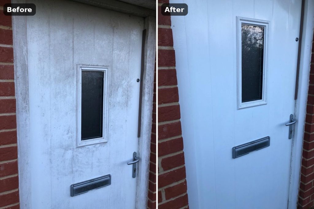 uPVC door cleaned, before and after, Jaywick